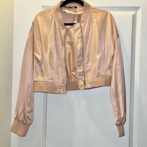 Zara Women's Cropped Satin Bomber Jacket - Light Pink